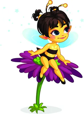 Illustration of a smiling bee fairy with black hair and antennae, dressed in yellow, sitting on a large purple flower with a green stem.