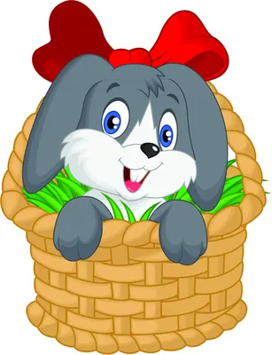 Cartoon illustration of a grey and white rabbit with blue eyes and a red bow sitting inside a woven basket with green decorative elements.