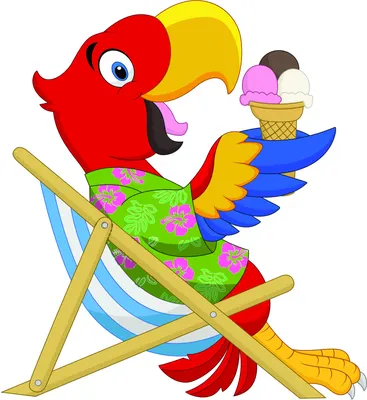 Cartoon illustration of a bright red parrot sitting in a blue and white striped deck chair, holding an ice cream cone in its beak.