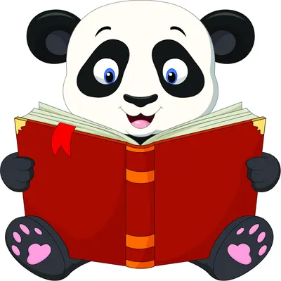 A cartoon panda with black ears and eye patches sits holding a large red book open, with a delighted expression on its white face.
