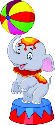 A smiling cartoon elephant in red and yellow circus attire stands on a blue and red platform, balancing a brightly coloured striped beach ball on its raised trunk.