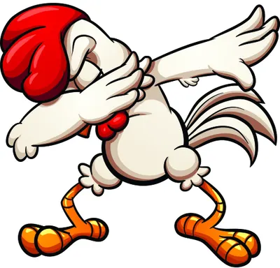 A cartoon rooster wearing red boxing gloves strikes a punching pose with orange feet.