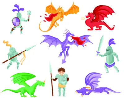 A cartoon illustration of a small child knight with a sword surrounded by eight friendly-looking dragons in various bright colours.