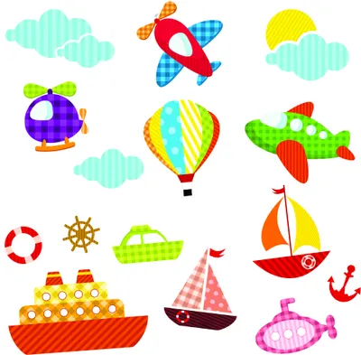 Brightly coloured illustration featuring six different aircraft and boats against mint-green striped clouds, including a red aeroplane, purple helicopter, yellow hot air balloon, green aeroplane, red and yellow sailboat, and pink submarine.