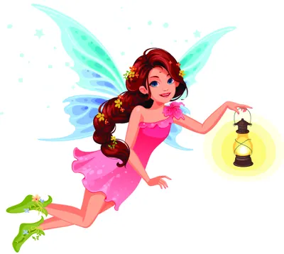 Illustrated fairy with long red hair and turquoise wings wearing a pink dress, holding a yellow glowing lantern.
