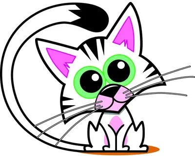 A cartoon cat sits with wide green eyes, pointed magenta ears, and a playful expression against a white background.