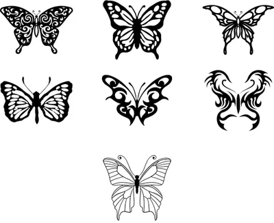 Seven black and white butterfly designs arranged in rows, ranging from intricate patterned silhouettes to simple outlined forms.