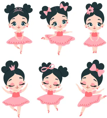 Six cartoon ballerina characters with dark hair and pink tutus in various dancing poses against a cream background.