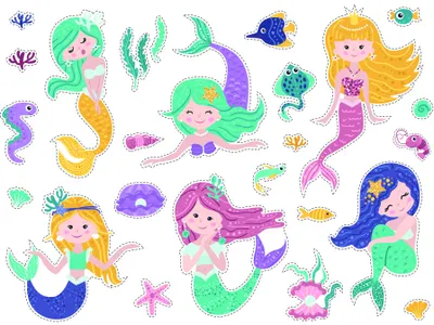 Six smiling illustrated mermaids with long coloured hair and fish tails, surrounded by small fish and coral in shades of purple, green, pink and blue.