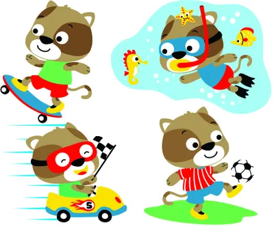 Four cartoon raccoons engaged in different activities: one skateboarding, one flying as a superhero, one in a toy car, and one playing football.