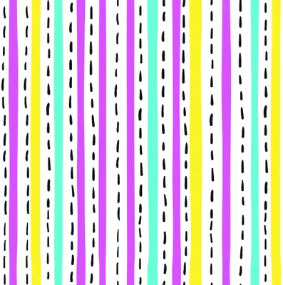 A seamless wallpaper pattern of vertical stripes in purple, yellow, teal and cream, each stripe interrupted by short black dashed lines.