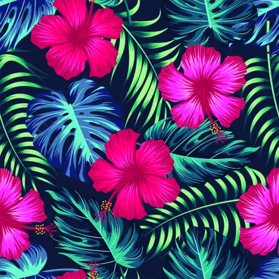 A seamless wallpaper pattern featuring bright pink hibiscus flowers and blue-green monstera leaves with lime-green veining on a dark navy background.