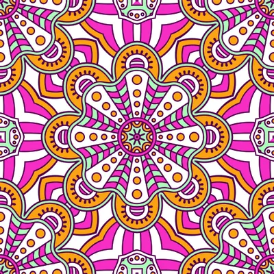 A symmetrical mandala wallpaper featuring interlocking flower and geometric shapes in magenta, gold, yellow, cream and lime green radiating from a central point.