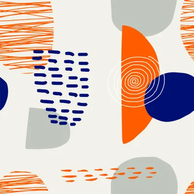 A seamless wallpaper pattern featuring abstract orange and navy blue circles, wavy stripes, and dashed lines arranged across a cream background.