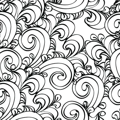 A seamless wallpaper pattern of interlocking black baroque scrolls and curved flourishes on a white background.