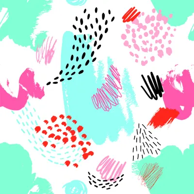 Seamless wallpaper pattern of varied abstract marks including dashes, dots, scribbles and brushstrokes in pink, red, black and teal on a white and pale green background.