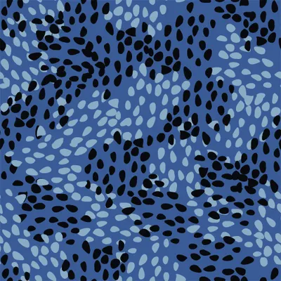 A seamless wallpaper pattern of irregular black and white dots scattered across a slate blue background in an overlapping, abstract arrangement.