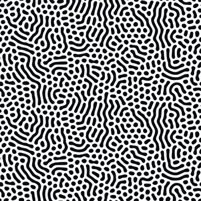 A seamless repeating pattern of black organic squiggles and dots on a white background.