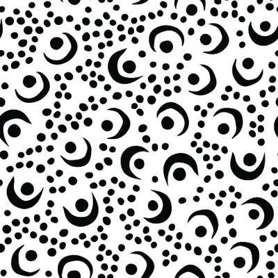 A seamless pattern of black crescent shapes and scattered dots of varying sizes arranged randomly across a white background.