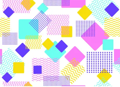 A seamless wallpaper pattern featuring rotated squares and wavy stripes in bright pink, yellow, purple and cyan on a white background.