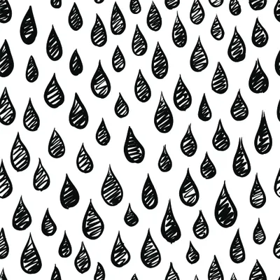 A repeating wallpaper pattern of black hand-drawn raindrops with horizontal stripe details on a white background.