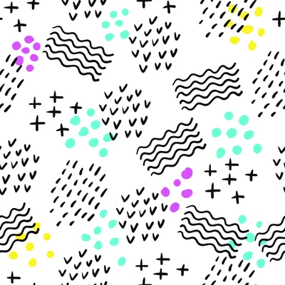 A seamless pattern of black hand-drawn crosses, wavy lines, dashes and small dots scattered across a cream background, with accents of cyan, yellow and purple.