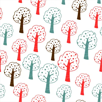 A repeating wallpaper pattern of stylised trees with dotted canopies in red, teal, brown and cream on a white background.