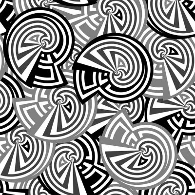 A seamless wallpaper pattern of black, white and grey spirals and geometric shapes that interlock and overlap across the entire surface.