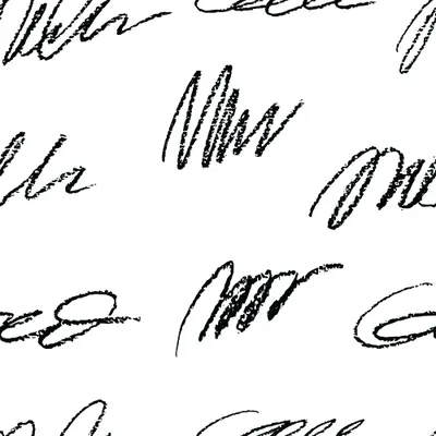 A repeating pattern of black handwritten signatures and cursive scrawls scattered across a white background.