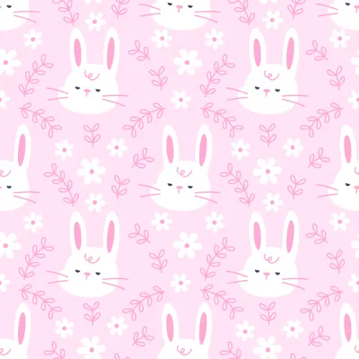 Repeating pattern of white cartoon rabbits with pink ears surrounded by small white flowers and pink botanical leaf sprigs on a pale pink background.