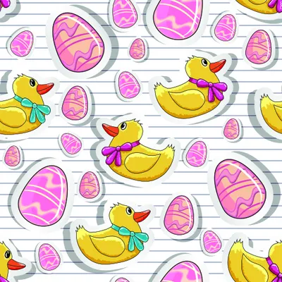 Repeating pattern of cartoon yellow ducks with coloured bows scattered among large pink decorated eggs on a white striped background.