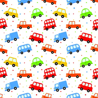 A seamless wallpaper pattern featuring illustrated toy vehicles in red, blue, yellow and green colours scattered across a white background with small coloured dots.