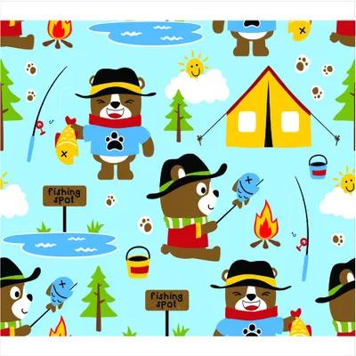 Seamless pattern of cartoon bears wearing black cowboy hats, fishing, camping in yellow tents, with trees, campfires, clouds and fishing signs on a light blue background.