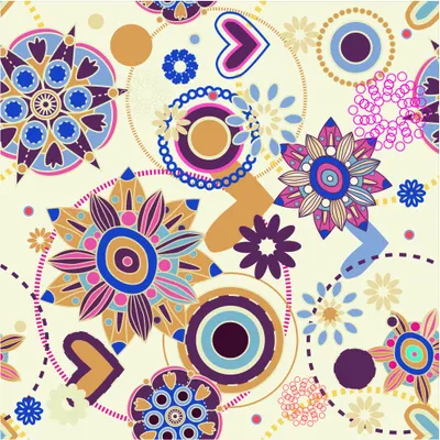 A seamless wallpaper pattern featuring purple, blue and pink hand-drawn mandalas and geometric flowers in gold and cream, arranged across a pale background.