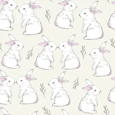 Repeating pattern of hand-sketched rabbits with pink ears and simple botanical accents on a cream background.