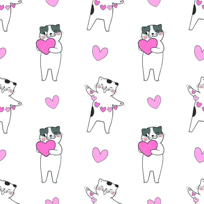 A seamless pattern of hand-drawn cats in various poses, each holding or surrounded by bright pink hearts on a white background.