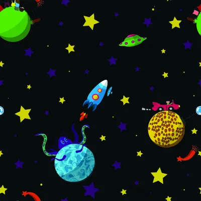 Bright cartoon rockets, planets with cute faces, and yellow stars scattered across a black starry background.