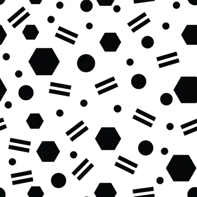 A seamless repeating pattern of black hexagons, circles, and horizontal stripe pairs scattered across a white background.