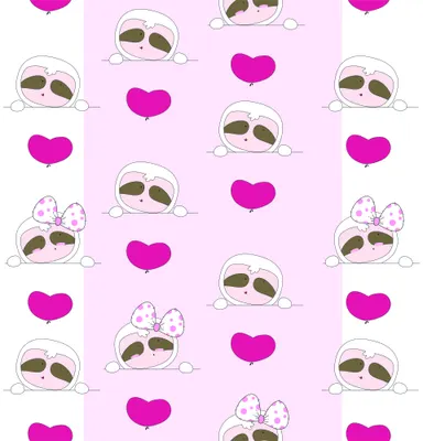 Repeating pattern of cartoon sloths with closed eyes scattered among hot pink hearts on a pale pink background.