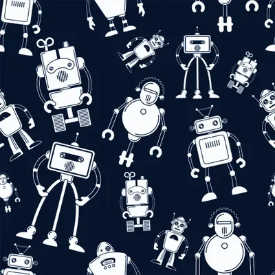 White line-drawn robots of various shapes and sizes scattered across a dark navy background, each with distinctive features like antennae, screens, and mechanical limbs.