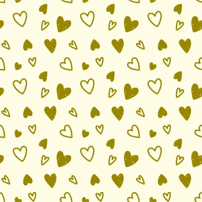 A repeating pattern of outlined and filled gold hearts in varying sizes scattered across a cream background.