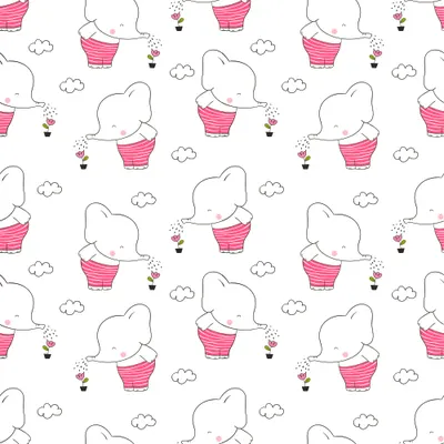 Repeating pattern of cartoon elephants in pink hot air balloons with small clouds on a cream background.