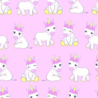Seamless pattern of white cartoon unicorns with pink manes, purple wings, and golden horns scattered across a pink background.