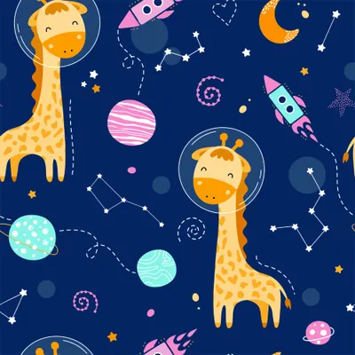 Illustrated pattern of smiling giraffes in spacesuits surrounded by pink rockets, planets, stars and constellation lines on a dark blue background.