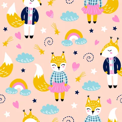 Repeating pattern of illustrated golden foxes wearing crowns, blue rainbows, stars, and hearts scattered across a pale pink background.