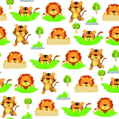 Repeating pattern of illustrated orange lions and yellow tigers sitting and playing on bright green grass with small trees scattered throughout.