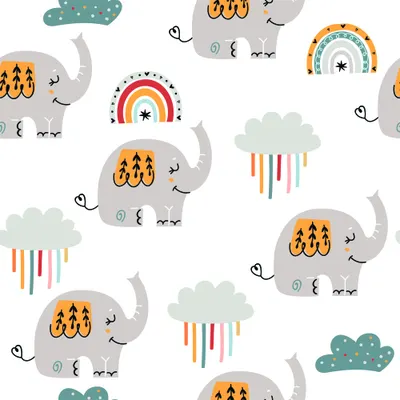 Repeating pattern of grey elephants with orange patterned blankets alternating with colourful rainbows and soft clouds in cream, teal, and pastel colours on a white background.