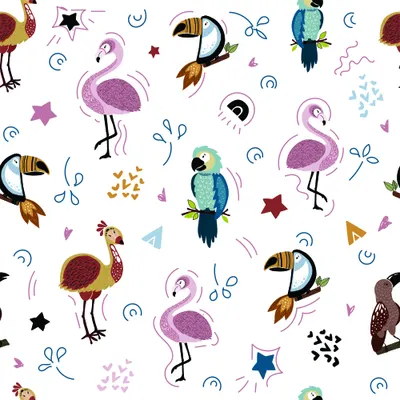 Watercolour-style illustration of purple flamingos, colourful parrots, and toucans scattered across a cream background with stars, moons, and decorative swirls.