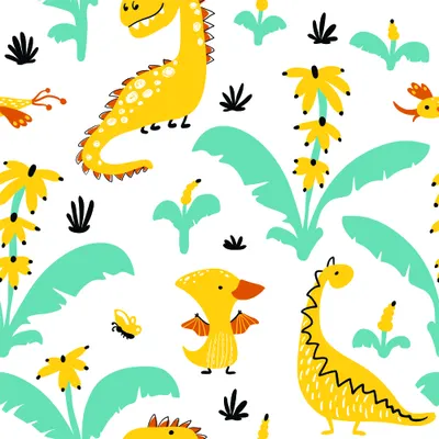 A seamless wallpaper pattern featuring cartoon dinosaurs in yellow with black and orange markings, surrounded by tropical plants and palm fronds in mint green on a white background.