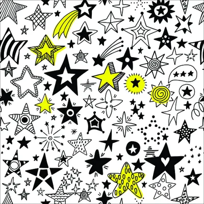 A repeating wallpaper pattern featuring dozens of hand-drawn stars in varying sizes and styles, in black and yellow on a white background.